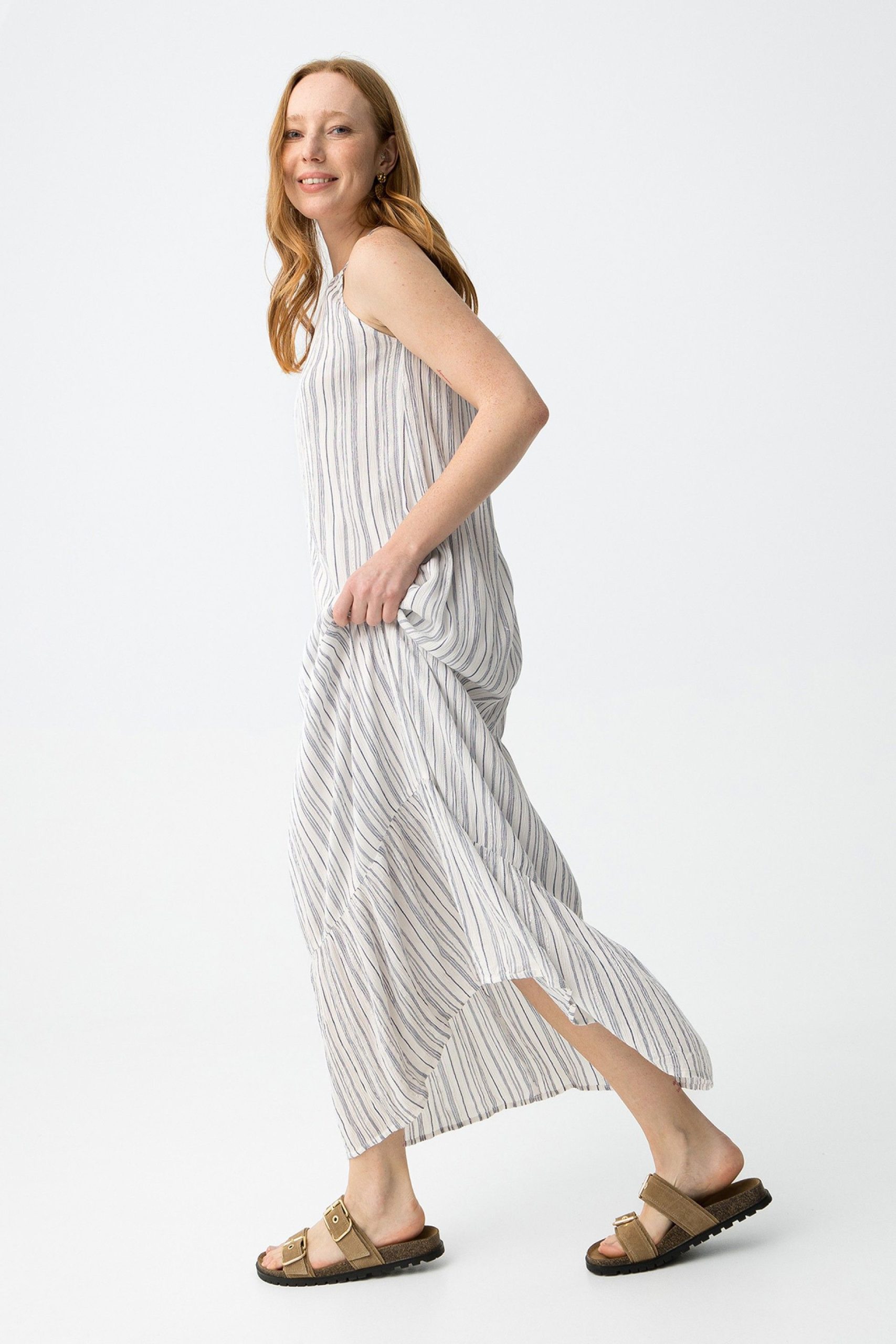 Vestido longo de cor cru com riscas finas - Image 2